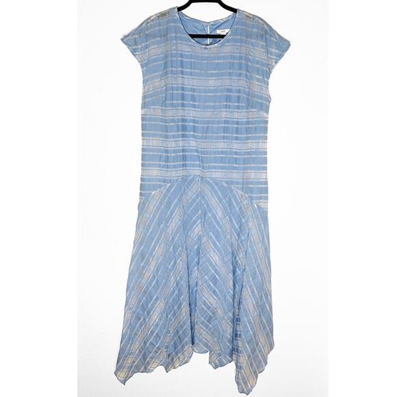 Lewit Womens Sheer Handkerchief Hem Plaid Crew Neck Midi Dress Light Blue Silver - Picture 3 of 12